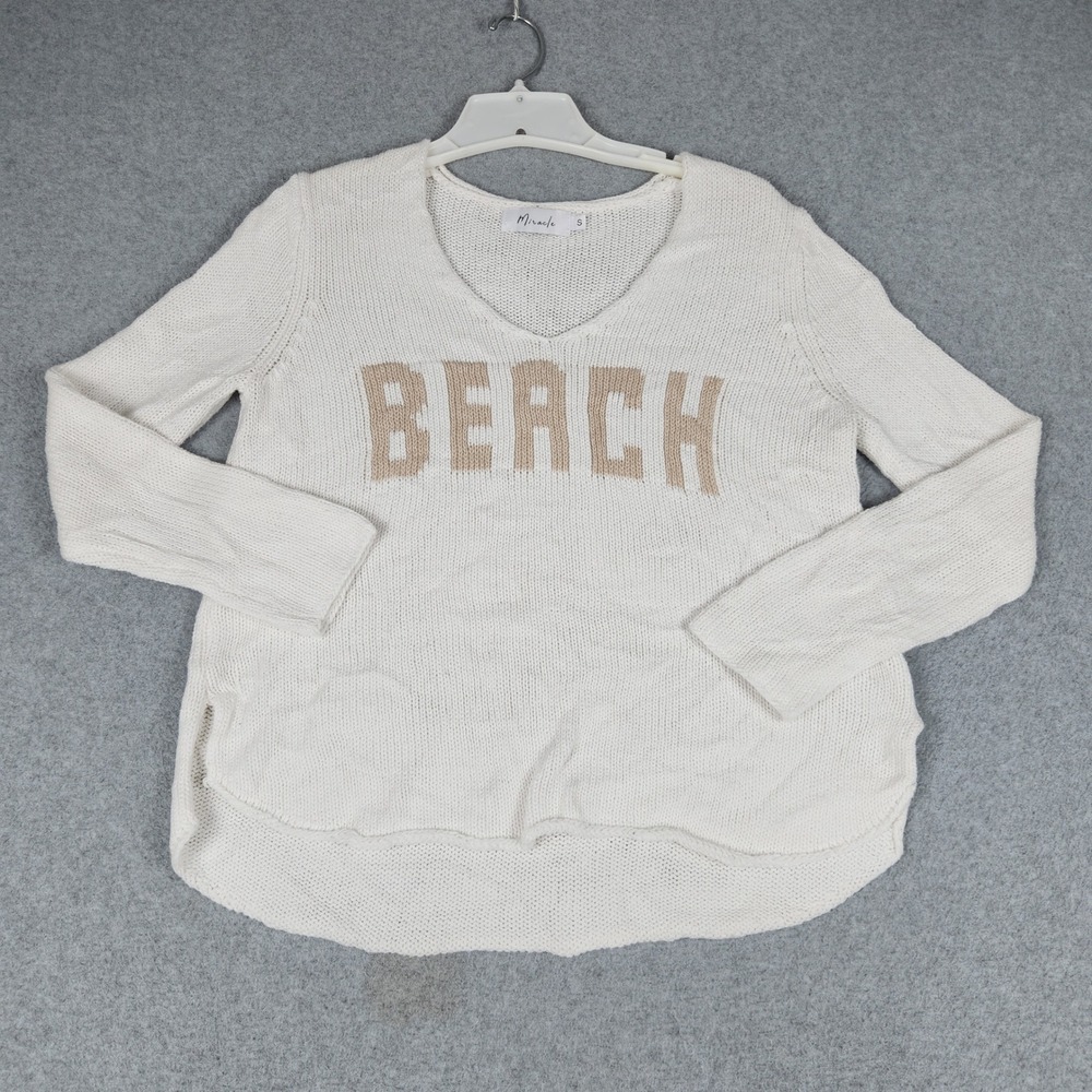 Miracle Sweater Womens Small White Beach Graphic V-Neck High-Low Knit Pullover